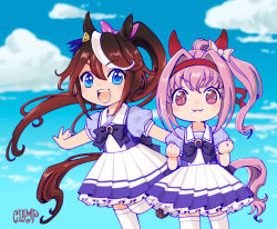 Rule 34 | 2girls, :3, animal ears, blue eyes, blue sky, bow, bowtie, brown hair, chibi, clamp, clenched hands, cloud, commentary request, ear piercing, feet out of frame, flower in eye, frilled skirt, frills, hair flaps, haru urara (umamusume), high ponytail, highres, horse ears, horse girl, horse tail, horseshoe ornament, long hair, looking at viewer, miniskirt, multicolored hair, multiple girls, piercing, pink hair, pleated skirt, ponytail, puffy short sleeves, puffy sleeves, purple bow, purple bowtie, purple shirt, red eyes, sailor collar, sailor shirt, school uniform, serafuku, shirt, short sleeves, skirt, sky, standing, streaked hair, symbol in eye, tail, thighhighs, tokai teio (umamusume), tracen school uniform, two-tone hair, umamusume, white hair, white sailor collar, white skirt, white thighhighs