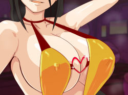 Rule 34 | 1girl, arm up, armpits, bare arms, bare shoulders, bikini, black hair, blurry, blurry background, breasts, cleavage, collarbone, covered erect nipples, highres, huge breasts, hyuuga hanabi, indoors, long hair, naruto, naruto (series), open mouth, revealing clothes, smile, solo, swimsuit, uohaman, upper body, yellow bikini