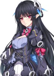 Rule 34 | 1girl, anette (pso2), bow, bowtie, braid, breasts, cleavage cutout, clothing cutout, frilled sleeves, frills, hair ornament, hairclip, highres, hime cut, long hair, looking at viewer, minamon (vittel221), phantasy star, phantasy star online 2, pointy ears, red eyes, small breasts, solo, tsurime