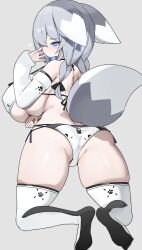 Rule 34 | 1girl, animal ears, arm under breasts, ass, bikini, blue eyes, blush, bra, braid, breast hold, breasts, colored inner hair, covered erect nipples, detached sleeves, ears down, fox ears, fox girl, fox tail, from behind, grey background, grey hair, hand on own face, heart, highres, huge breasts, kneeling, long hair, looking at viewer, low twin braids, mamuru, multicolored hair, original, panties, sleeves past wrists, solo, string bikini, swimsuit, tail, thick thighs, thighhighs, thighs, toes, twin braids, underwear, underwear only, white bra, white panties, white thighhighs