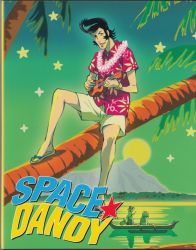 Rule 34 | 10s, 1boy, boat, copyright name, dandy (space dandy), flower, flower necklace, hawaiian shirt, highres, instrument, island, jewelry, lei, logo, male focus, meow (space dandy), mountain, necklace, official art, palm tree, pompadour, qt (space dandy), sandals, shirt, shorts, solo focus, space dandy, star (symbol), tree, ukulele, watercraft