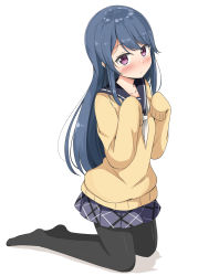 Rule 34 | 1girl, aikawa ryou, black pantyhose, black sailor collar, blue hair, blue skirt, blush, closed mouth, commentary request, full body, hair down, highres, kneeling, long hair, long sleeves, looking at viewer, neckerchief, no shoes, nose blush, pantyhose, pleated skirt, purple eyes, sailor collar, school uniform, serafuku, shadow, shima rin, skirt, sleeves past fingers, sleeves past wrists, solo, sweater, very long hair, white background, white neckerchief, yellow sweater, yurucamp