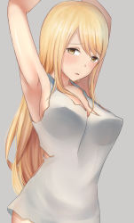 Rule 34 | 1girl, absurdres, armpits, arms up, bare shoulders, blonde hair, blush, breasts, brown eyes, commentary request, covered erect nipples, fairy tail, grey background, highres, large breasts, long hair, looking at viewer, lucy heartfilia, mizuha (zxass0612), no bra, no panties, parted lips, see-through, shiny skin, shirt, sideboob, simple background, sleeveless, sleeveless shirt, solo, sweat, torn clothes, torn shirt, very long hair, white shirt