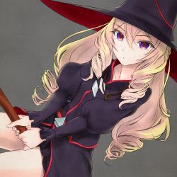 Rule 34 | 1girl, agnes (gegege no kitarou 6), akagi (fmttps), artist name, bad id, bad pixiv id, black dress, blonde hair, broom, broom riding, closed mouth, commentary, dress, drill hair, dutch angle, gegege no kitarou, gegege no kitarou 6, grey background, hat, jewelry, juliet sleeves, light frown, long hair, long sleeves, looking at viewer, necklace, puffy sleeves, purple eyes, quad drills, riding, ring, sexually suggestive, short dress, sidelocks, simple background, solo, twitter username, witch, witch hat