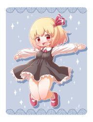 Rule 34 | 1girl, arinu, black dress, blonde hair, blue background, blush, collared shirt, commentary request, dress, dress shirt, full body, hair ribbon, highres, long sleeves, looking at viewer, mary janes, open mouth, outstretched arms, partial commentary, red eyes, red footwear, red ribbon, ribbon, rumia, shirt, shoes, short hair, smile, socks, solo, star (symbol), touhou, white shirt, white socks