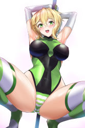Rule 34 | 1girl, akatsuki kirika, armpits, arms behind head, arms up, blonde hair, blush, bow legged, breasts, covered navel, elbow gloves, gloves, green eyes, green leotard, green thighhighs, hair between eyes, highleg, highleg leotard, kumakichi (cost-lost), large breasts, leotard, looking at viewer, open mouth, pole, senki zesshou symphogear, short hair, smile, solo, spread legs, squatting, striped clothes, striped thighhighs, stripper pole, thighhighs, thighs, white gloves
