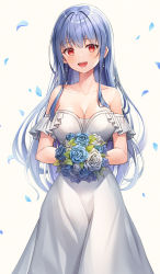 Rule 34 | 1girl, :d, bare shoulders, blue flower, blue hair, blue rose, bouquet, breasts, bride, cleavage, collarbone, commentary request, commission, cross, cross earrings, dress, earrings, flower, grey background, highres, holding, holding bouquet, jewelry, large breasts, long hair, looking at viewer, lunacle, off-shoulder dress, off shoulder, open mouth, original, petals, pixiv commission, red eyes, rose, simple background, smile, solo, very long hair, wedding dress, white dress, white flower, white rose