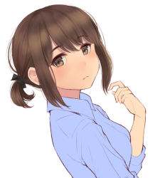 Rule 34 | 1girl, black ribbon, blue shirt, blush, borrowed character, breasts, brown eyes, brown hair, commentary request, douki-chan (douki-chan), expressionless, ganbare douki-chan, medium breasts, office lady, ribbon, shirt, short hair, short ponytail, sidelocks, simple background, sleeves rolled up, solo, wa (genryusui), white background