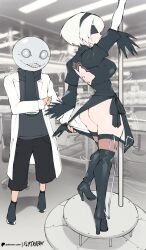 Rule 34 | +++, 1boy, 1girl, 2b (nier:automata), :3, artist name, ass, back cutout, black dress, black footwear, black scarf, black shorts, blindfold, blurry, blurry background, boots, breasts, clothing cutout, coat, commentary, dress, english commentary, flytrapxx, full body, grey shirt, high heel boots, high heels, highres, indoors, large breasts, mask, medium hair, motion lines, nier:automata, nier (series), patreon username, pole, real life, scarf, shirt, shorts, stripper pole, thigh boots, thighhighs, twirl, white coat, white hair, yoko taro