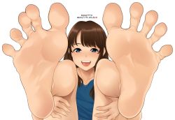 Rule 34 | 1girl, :d, barefoot, blue eyes, blush, brown hair, feet, foreshortening, highres, long hair, looking at viewer, open mouth, original, rg (gumin), simple background, smile, soles, solo, teeth, toes, white background