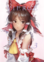 Rule 34 | 1girl, ascot, bare shoulders, blush, bow, brown eyes, brown hair, collarbone, commentary request, detached sleeves, frilled bow, frilled shirt collar, frills, hair tubes, hakurei reimu, half updo, long sleeves, looking at viewer, matsuda (matsukichi), midriff peek, pink background, red bow, red skirt, ribbon-trimmed sleeves, ribbon trim, sarashi, short hair, sidelocks, simple background, skirt, skirt set, solo, touhou, translation request, upper body, wide sleeves, yellow ascot