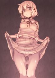 Rule 34 | 1girl, breasts, brown theme, closed mouth, clothes lift, covered erect nipples, gluteal fold, hair ornament, hidamari sketch, highres, kagami uekusa, medium breasts, monochrome, panties, pleated skirt, skirt, skirt lift, smile, solo, thigh gap, underwear, x hair ornament, yuno (hidamari sketch)