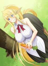 Rule 34 | 10s, 1girl, :t, animal ears, bare shoulders, blonde hair, blue eyes, blush, breasts, carrot, centaur, centorea shianus, dutch angle, eating, food, food on face, from above, horse ears, huge breasts, long hair, looking at viewer, monster girl, monster musume no iru nichijou, okayado, pointy ears, ponytail, skirt, solo, tail, taur, very long hair