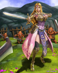 Rule 34 | 1girl, armor, artist name, blonde hair, blue eyes, bokoblin, boots, braid, circlet, corset, day, fighting stance, hyrule warriors, iury padilha, knee boots, long hair, monster, mountain, nintendo, outdoors, pelvic curtain, pointy ears, princess zelda, short shorts, shorts, showgirl skirt, skirt, sword, the legend of zelda, thighhighs, watermark, weapon