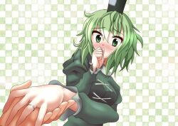 Rule 34 | 1girl, 1other, black headwear, blush, breasts, checkered background, commentary, cross-laced clothes, green background, green eyes, green hair, hat, holding hands, jewelry, juliet sleeves, long sleeves, looking at viewer, medium breasts, miyabi hakuro, puffy sleeves, ring, short hair, soga no tojiko, solo focus, tate eboshi, touhou, upper body, white background