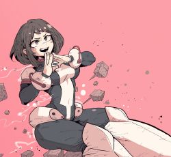 Rule 34 | 1girl, absurdres, ass, black bodysuit, blush stickers, bob cut, bodysuit, boku no hero academia, boots, breasts, brown eyes, brown hair, commentary request, covered erect nipples, feet out of frame, han gong, highres, knee boots, korean commentary, medium breasts, open mouth, pink background, red eyes, short hair, simple background, solo, teeth, thick eyebrows, thighs, two-tone bodysuit, upper teeth only, uraraka ochako, white bodysuit, white footwear, wrist cuffs