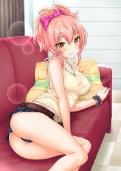 Rule 34 | 1girl, ass, belt, blush, bow, breasts, buckle, camisole, couch, earrings, hair bow, idolmaster, idolmaster cinderella girls, indoors, jewelry, jougasaki mika, large breasts, looking at viewer, lying, ozaki mirai, pink bow, pink hair, ponytail, scrunchie, shirt, short hair, short shorts, shorts, smile, solo, thighs, wrist scrunchie, yellow eyes