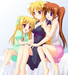 Rule 34 | 00s, 3girls, :d, age difference, alicia testarossa, bare shoulders, barefoot, bed, bed sheet, blanket, blonde hair, blue eyes, blush, bow, brown hair, child, closed mouth, dress, fate testarossa, feet, hair bow, height difference, hug, hug from behind, laughing, long hair, lyrical nanoha, mahou shoujo lyrical nanoha, mahou shoujo lyrical nanoha strikers, multiple girls, on bed, onee-loli, open mouth, ponytail, red eyes, saki chisuzu, siblings, side ponytail, sisters, sitting, skirt, smile, takamachi nanoha, time paradox, toes, twintails, yuri