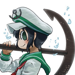 Rule 34 | 1girl, anchor, profile picture, black hair, blush, bubble, chamaji, commentary request, from side, green eyes, hat, holding, long sleeves, looking at viewer, lowres, murasa minamitsu, neckerchief, on shoulder, sailor collar, short hair, sidelocks, signature, simple background, smile, solo, touhou, upper body, white background