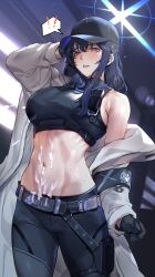 ! 1girl arm_up armband bare_shoulders baseball_cap belt black_belt black_gloves black_hair black_pants black_shirt blue_archive blue_eyes blue_hair blush breasts buckle chest_harness coat cowboy_shot crop_top cum cum_on_body cum_on_clothes cum_on_stomach gloves halo harness hat holster jacket joacy knife_sheath large_breasts leggings long_hair long_sleeves looking_at_viewer midriff navel no_mask off_shoulder open_clothes open_coat open_mouth pants saori_(blue_archive) sheath shirt sleeveless sleeveless_shirt snap-fit_buckle solo spoken_exclamation_mark standing stomach sweat teeth thigh_holster third-party_edit white_coat