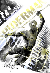 Rule 34 | 1boy, animal print, artist name, bodysuit, cityscape, english text, greyscale with colored background, highres, male focus, marvel, simple background, solo, spider-man, spider-man (series), spider print, superhero costume, swinging, zee delgado