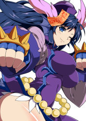 Rule 34 | 1girl, ;), blue eyes, blue gloves, blue hair, blush, breasts, china dress, chinese clothes, dragon girl, dragon horns, dragon tail, dress, fingerless gloves, fins, gloves, halloween, hat, head fins, highres, horns, jiangshi, karin (p&amp;d), large breasts, long hair, looking at viewer, matching hair/eyes, miyabi (miura105), ofuda, one eye closed, puzzle &amp; dragons, qingdai guanmao, side slit, simple background, smile, solo, spiked knuckles, tail, white background
