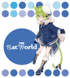Rule 34 | 1boy, animal ears, bad id, bad pixiv id, boots, cat boy, cat ears, cat tail, coat, eyes visible through hair, full body, green hair, hat, looking at viewer, looking away, male focus, neck ribbon, nemui lazurite, original, ribbon, sailor hat, shorts, smile, solo, tail, yellow eyes