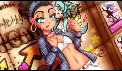 Rule 34 | 1girl, bandana, blue eyes, breasts, brown hair, cleavage, crop top, earrings, eyebrows, eyelashes, female focus, game cg, graffiti, hair bun, heart, heart-shaped pupils, hunie (series), huniecam studio, jewelry, lipstick, makeup, nail file, navel, nora delrio, official art, open clothes, open shirt, plaid, plaid shirt, poster, shirt, single hair bun, solo, solo focus, soulkillur, stomach, symbol-shaped pupils, thick eyebrows