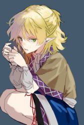 Rule 34 | 1girl, arm warmers, blonde hair, brown shirt, crying, crying with eyes open, green eyes, hands up, highres, knees, looking at viewer, mizuhashi parsee, nanasuou, one-hour drawing challenge, parted lips, pointy ears, scarf, shirt, short hair, short sleeves, sideways glance, simple background, skirt, solo, squatting, tears, touhou