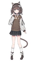 Rule 34 | 1girl, absurdres, animal ear fluff, animal ears, arm cutout, black footwear, black hairband, black skirt, boots, brown hair, brown sweater vest, cat ears, cat girl, cat tail, collared shirt, commentary, grey eyes, hairband, highres, kurioshi fio, long sleeves, miniskirt, original, puffy long sleeves, puffy sleeves, revision, satou (3366 s), shirt, simple background, skirt, smile, socks, solo, sweater vest, tail, white background, white shirt, white socks