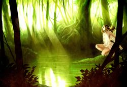 Rule 34 | ancient greek clothes, bad id, bad pixiv id, brown eyes, brown hair, chiton, dress, elf, fairy, forest, nature, plant, pointy ears, scenery, siro (asteblanc), solo, sunlight, tree, water, white dress, wings