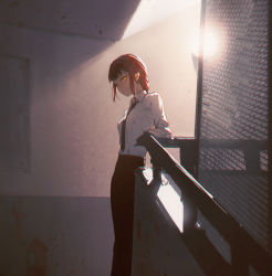 Rule 34 | 1girl, black necktie, blood, blood splatter, chainsaw man, close-up, closed mouth, collared shirt, commentary, dino (dinoartforame), highres, indoors, long sleeves, looking at viewer, makima (chainsaw man), necktie, pants, red hair, shirt, shoes, sidelocks, solo, stairs, standing, white shirt, yellow eyes