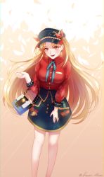 Rule 34 | 1girl, absurdres, bag, bag charm, blonde hair, blush, bow, breasts, charm (object), ereshkigal (fate), ereshkigal (under the same sky) (fate), fate/grand order, fate (series), gradient background, hair bow, hand on own thigh, handbag, hat, highres, large breasts, leaning forward, long hair, nail polish, petals, red bow, red eyes, red nails, smile, solo, two side up, white background, ye mei (hami illust)
