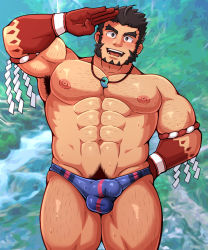Rule 34 | 1boy, arm hair, armpit hair, armpits, bara, bare pectorals, blue male swimwear, blush, bulge, chest hair, colored skin, erection, erection under clothes, feet out of frame, hachimaki, headband, highres, jewelry, large pectorals, leg hair, long sideburns, magatama, magatama necklace, male focus, male pubic hair, male swimwear, mature male, muscular, muscular male, navel, navel hair, necklace, nejiri hachimaki, nipples, official alternate costume, pectorals, pubic hair, pubic hair peek, red skin, salute, short hair, sideburns, solo, swim briefs, tajikarao (housamo), thick eyebrows, thick thighs, thighs, tokyo houkago summoners, vert cypres, wet