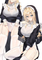 Rule 34 | 1girl, absurdres, black bra, blonde hair, blue eyes, blush, bra, breasts, clothes lift, covered navel, fang qiao, frills, garter straps, habit, hair ornament, highres, large breasts, lingerie, long hair, long sleeves, looking at viewer, navel, nun, original, panties, see-through, simple background, skindentation, skirt, skirt lift, solo, sweat, thighhighs, underwear, white background, white panties, white thighhighs, x hair ornament