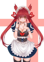 Rule 34 | 1girl, black thighhighs, blush, breasts, brown eyes, cleavage, creatures (company), game freak, gen 3 pokemon, highres, large breasts, latias, legendary pokemon, maid, maid headdress, nintendo, personification, pokemon, pokemon adventures, red hair, sanmiribouzu, solo, thighhighs, twintails, v