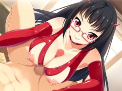 Rule 34 | 1boy, 1girl, bare shoulders, black hair, breasts, censored, cleavage, clockup, clothed female nude male, collar, covered erect nipples, dominatrix, dutch angle, elbow gloves, femdom, game cg, glasses, gloves, hetero, horns, indoors, large breasts, latex, latex gloves, lingerie, long hair, looking at viewer, lying, marukido iroha, mosaic censoring, nippleless clothes, nipples, nude, paizuri, penis, pov, red-framed eyewear, red eyes, red gloves, sado bu!, sado bu! s onna ni ijime nukare bu, smile, spread legs, underwear, wakako