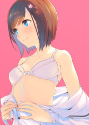 Rule 34 | 1girl, blue eyes, blush, bob cut, bra, breasts, brown hair, cleavage, flower, hair ornament, hairclip, looking away, open clothes, open shirt, original, pink background, shirt, short hair, small breasts, smile, solo, tatami to hinoki, unbuttoned, underwear, undressing