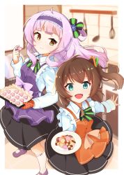 Rule 34 | 100ton250, 2girls, alternate costume, apron, blue eyes, brown hair, commentary request, cookie, food, headband, highres, hololive, kitchen, light purple hair, long hair, looking at viewer, multiple girls, murasaki shion, natsuiro matsuri, open mouth, plate, virtual youtuber, yellow eyes