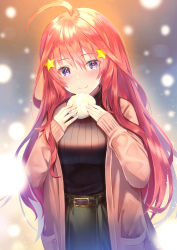 Rule 34 | 1girl, ahoge, baozi, belt, black belt, black sweater, blurry, blurry background, blush, breasts, food, go-toubun no hanayome, green skirt, hair ornament, highres, holding, holding food, large breasts, long hair, looking down, nakano itsuki, pink sweater, purple eyes, red hair, ribbed sweater, skirt, smile, solo, star (symbol), star hair ornament, sweater, sweater tucked in, yk (pixiv43531291)