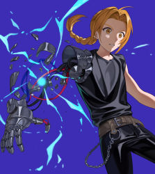 Rule 34 | 1boy, absurdres, belt, belt buckle, black pants, black shirt, braid, brown belt, brown eyes, brown hair, buckle, commentary request, edward elric, electricity, floating hair, forehead, fullmetal alchemist, highres, long hair, male focus, naeng chim, pants, parted bangs, parted lips, prosthesis, prosthetic arm, purple background, shirt, simple background, single braid, sleeveless, sleeveless shirt, solo