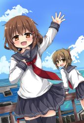 Rule 34 | 10s, 2girls, :d, absurdres, blush, brown eyes, brown hair, fang, folded ponytail, hair ornament, hairclip, highres, ikazuchi (kancolle), inazuma (kancolle), jewelry, kantai collection, long hair, looking at viewer, looking back, multiple girls, neckerchief, open mouth, oshiruko (uminekotei), red neckerchief, ring, school uniform, serafuku, short hair, skin fang, skirt, smile, thighhighs, waving