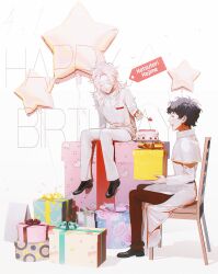 Rule 34 | 2boys, absurdres, belt, black belt, black footwear, black hair, cake, capelet, character name, chromatic aberration, closed eyes, closed mouth, commentary request, duckchuni, english text, food, fork, gift, gold trim, happy birthday, hatsutori hajime, highres, holding, holding fork, holding gift, korean commentary, long hair, long sleeves, male focus, multiple boys, on chair, open mouth, pants, parted bangs, pink hair, red pants, saibou shinkyoku, shirt, short hair, sitting, smile, strawberry shortcake, utsugi noriyuki, white capelet, white pants, white shirt