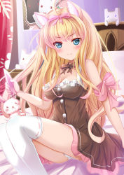 Rule 34 | &gt;:), 1girl, ahoge, animal, animal ear fluff, animal ears, bare arms, bare shoulders, black dress, blue eyes, blush, bow, breasts, cleavage, closed mouth, commentary request, dress, feet out of frame, frilled dress, frills, hair bow, highres, legs together, medium breasts, on bed, original, panties, pillow, pink bow, rabbit, ribbon-trimmed legwear, ribbon trim, sleeveless, sleeveless dress, smile, solo, striped clothes, striped panties, thighhighs, underwear, usaginezumi, v-shaped eyebrows, white thighhighs