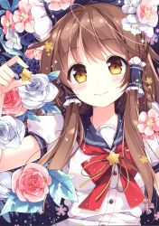 Rule 34 | 1girl, absurdres, blush, bow, braid, brown eyes, brown hair, buttons, closed mouth, fingernails, flower, hair ornament, hair tubes, hakurei reimu, head tilt, highres, holding, looking at viewer, mochizuki shiina, puffy short sleeves, puffy sleeves, red bow, scan, shiny skin, short sleeves, simple background, smile, solo, sparkle, star (symbol), touhou, upper body