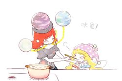 Rule 34 | 2girls, american flag dress, american flag shirt, bad id, bad twitter id, black shirt, blonde hair, chain, closed eyes, clothes writing, clownpiece, commentary request, eating, fairy wings, hat, hecatia lapislazuli, jester cap, multiple girls, polka dot, pot, red hair, shirt, short sleeves, sketch, smile, star (symbol), star print, striped, suzuko (ponpokoponpon88), t-shirt, touhou, wings