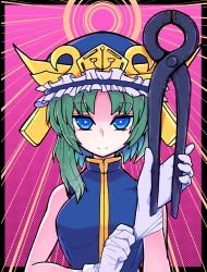 Rule 34 | 1girl, absurdres, adapted costume, asymmetrical hair, blue eyes, blue shirt, blue vest, breasts, closed mouth, commentary request, frills, gloves, gold trim, green hair, hat, highres, holding pliers, looking at viewer, medium breasts, pliers, ribbon, shiki eiki, shirt, short hair, smile, solo, sunburst, sunburst background, touhou, upper body, vest, white gloves, yamadori514