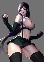 Rule 34 | 1girl, black gloves, black hair, blush, breasts, brown eyes, brown hair, clenched hands, cowboy shot, earrings, elbow gloves, final fantasy, final fantasy vii, fingerless gloves, gloves, grey background, hands up, highres, jewelry, large breasts, long hair, low-tied long hair, midriff, miniskirt, navel, pencil skirt, rahato, red eyes, simple background, skirt, smile, solo, suspender skirt, suspenders, tank top, thick thighs, thighs, tifa lockhart