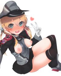 Rule 34 | 10s, 1girl, bad id, bad pixiv id, between breasts, blonde hair, blue eyes, breasts, breasts out, clothes between breasts, gloves, hair ornament, hat, heart, heart-shaped pupils, hokohoko momoko, kantai collection, long hair, medium breasts, nipples, open mouth, panties, peaked cap, pleated skirt, prinz eugen (kancolle), reaching, reaching towards viewer, selfie, simple background, sitting, skirt, smile, solo, symbol-shaped pupils, twintails, underwear, v, white panties