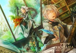Rule 34 | 1boy, 1girl, :d, black gloves, book, bookshelf, braid, copyright name, dress, dutch angle, gloves, grey hair, highres, indoors, ladder, open book, open mouth, pixiv fantasia, pixiv fantasia age of starlight, quill, scroll, sitting, smile, suzunana0730, tree, window
